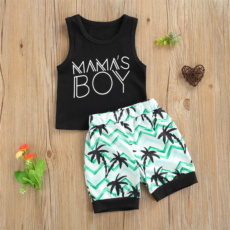 

1-4 Years Olds Baby Boys Casual Clothes Sets Black O-Neck Sleeveless Letter Printed Tops & Elastic Waist Shorts Set