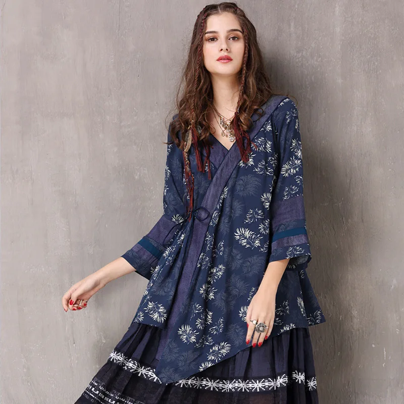 

Original brand ladies' spring 2023 new printing Shirt Women Tops national wind B9236 irregular loose shirts