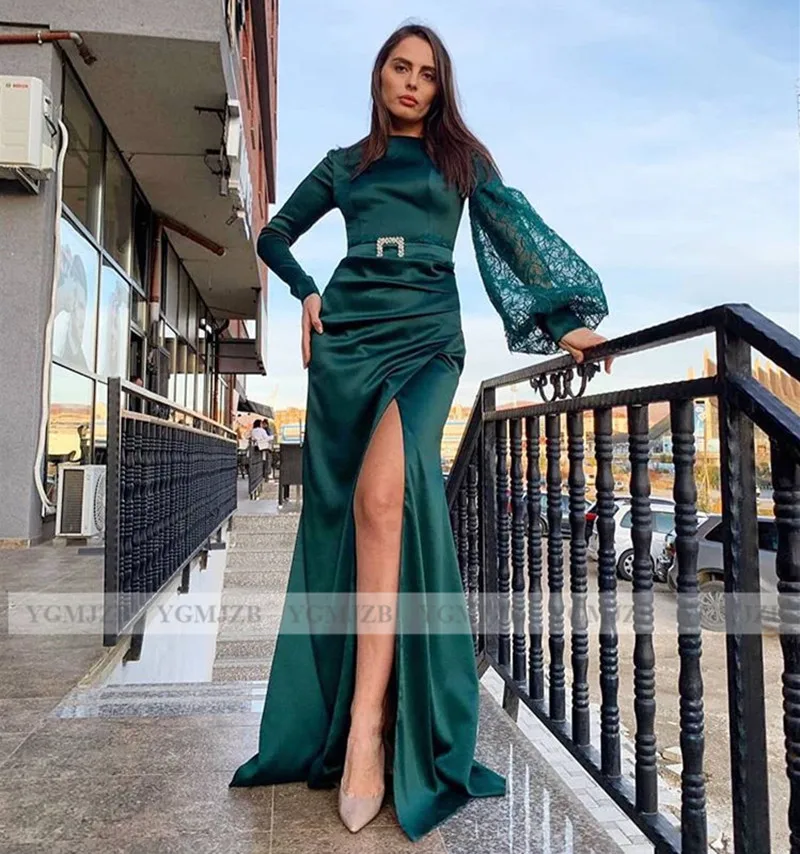 Изумрудно зеленые вечерние платья с длинным рукавом 2020 кружевное официальное
