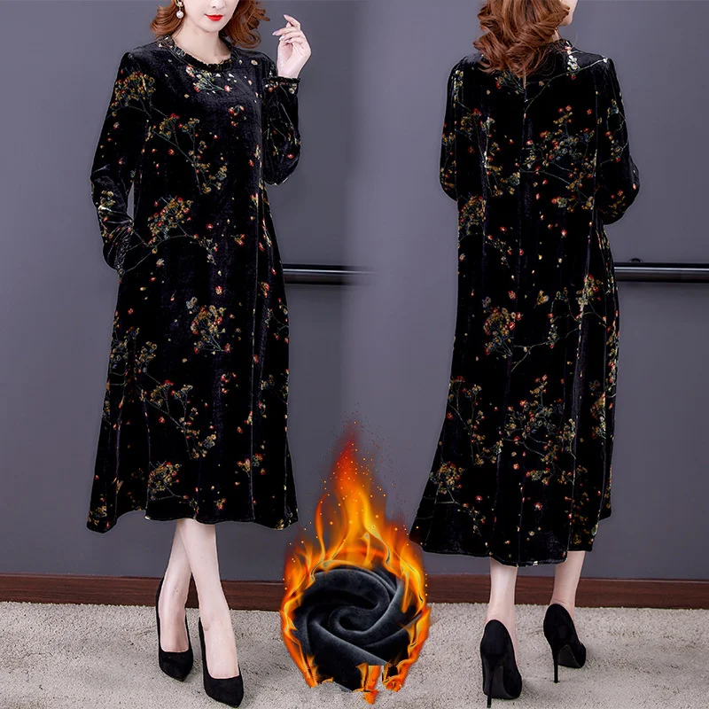 

Velvet dress women fall/winter 2021 new printed long-sleeved loose dress large size L-5XL high quality and elegant Vestidos