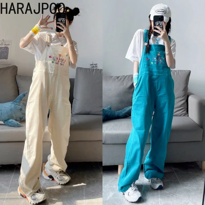

Harajpoo Women Pants Bib Summer Korean Version Ins Corduroy Embroidery Letters Flower Love Buttons Wide Leg Straight Trousers
