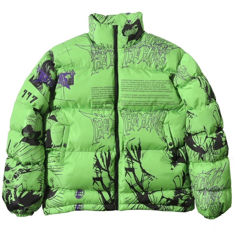 Green Hip-hop Men Parka Coat Trendy Graffiti Printing Oversized Baggy Coat Thicken Puffer Jacket Male Brand Clothing