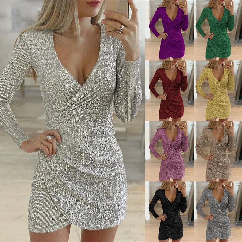 Новинка 2020 женское однотонное блестящее Клубное платье с v образным вырезом