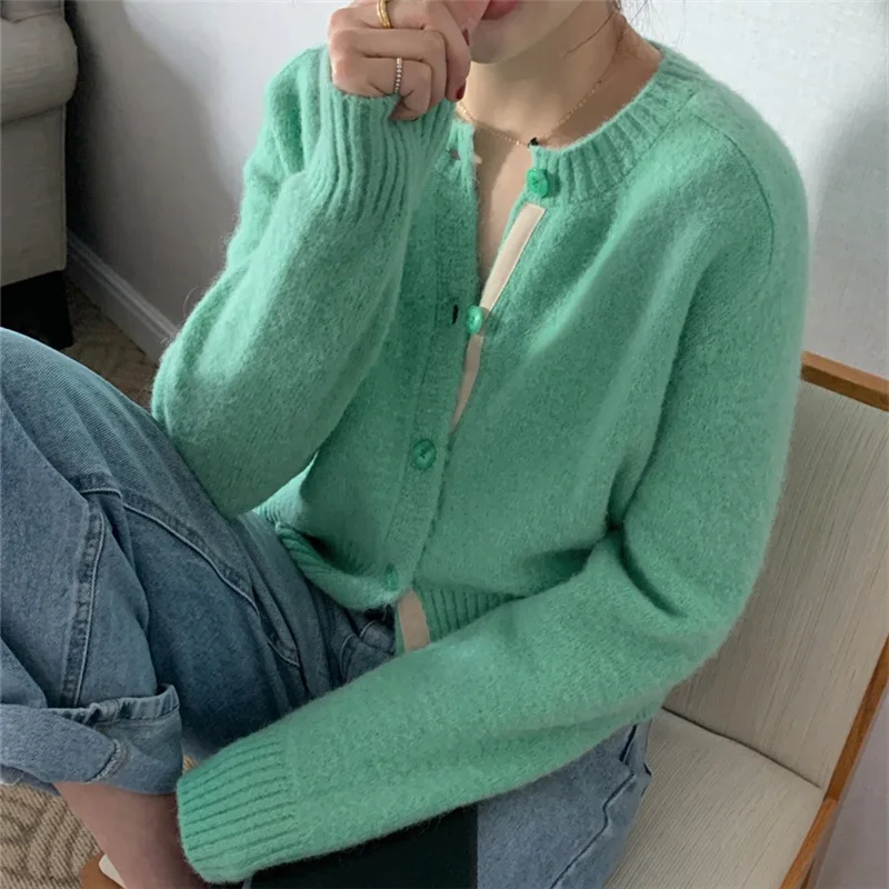 

Autumn Winter Women Cropped Cardigan Sweaters Fashion O-Neck Long Sleeve Button Up Sweater Coat Woman Casual Loose Yellow Jacket