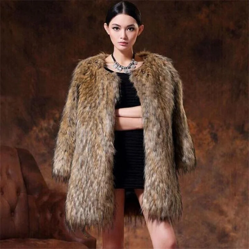 New style fox fur coat womens ladies mid-length imitation raccoon round neck nine-quarter sleeves slim fit autumn winter brown