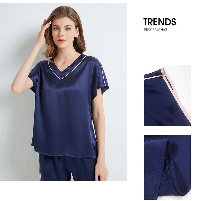 CAVME V-neck Real Silk Pajama Sets for Women Ladies Luxury Sleepwear Sets 2 Pieces 100% Silk Homeclothes PLUS SIZE