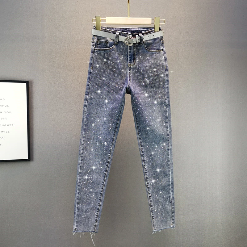 Джинсы женские узкие джинсовые брюки-карандаш с завышенной талией со стразами
