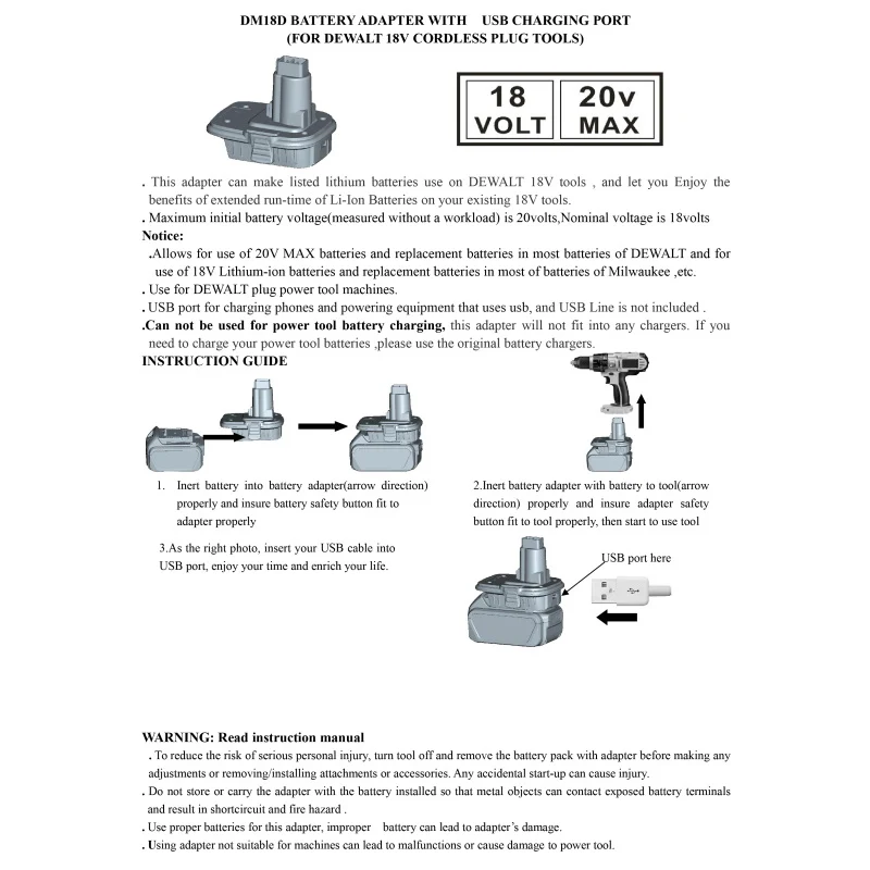 

DM18D Battery Adapter For Dewalt 18V/20V Convertor Adapter With USB Lithium Ion Battery For DE9096 DC9096 DC9098 18V Battery