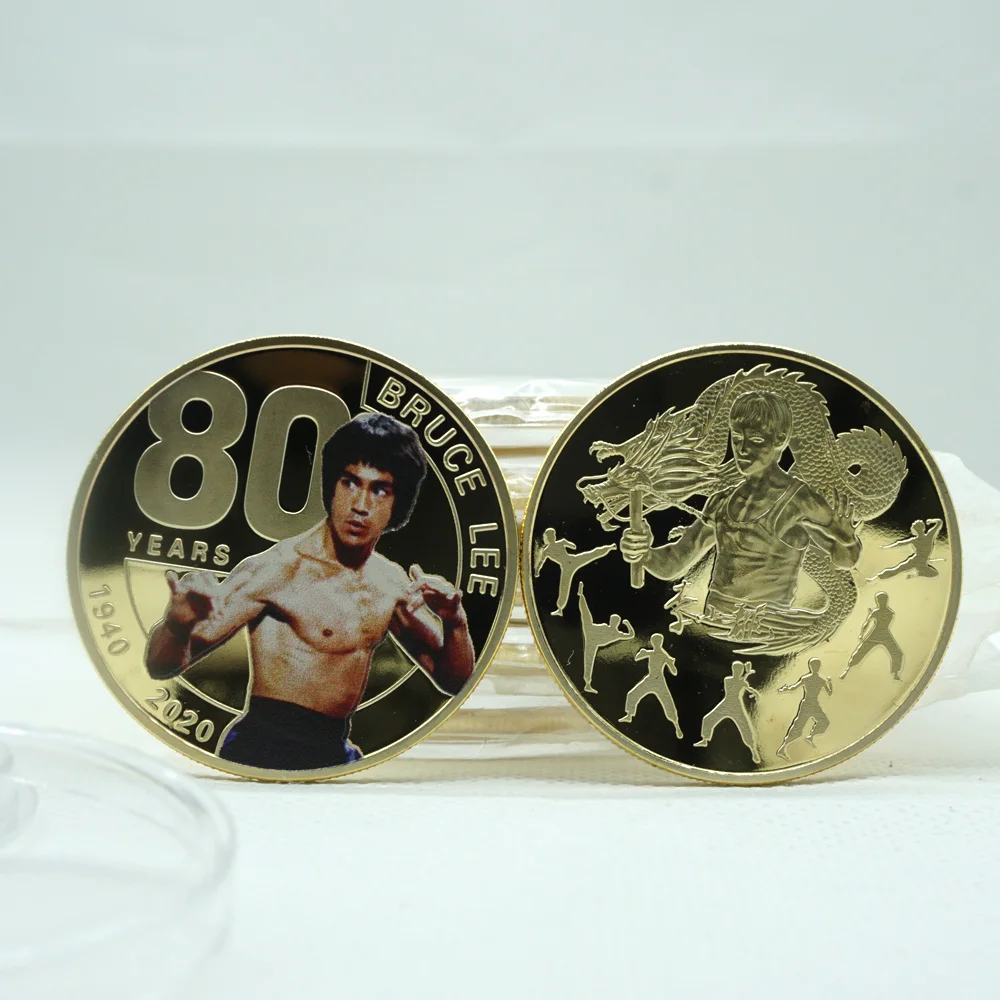 

Chinese Kungfu Star Bruce Lee The 80th Anniversary Gold Plated Commemorative Coin Chinese Dragon Metal Challenge Collection