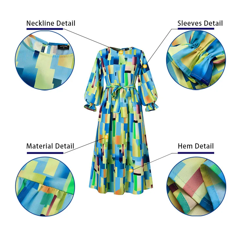 

Women Casual O Neck Printed Long Dress VONDA 3 Colors Ladies Pleated Long Flare Sleeve Dresses With Belt Baggy Vestidos Oversize