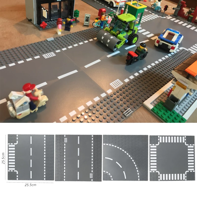 Road Plate Straight Crossroad Curve T-Junction Building Blocks Parts Bricks Base Compatible City Baseplate Toys | Игрушки и хобби