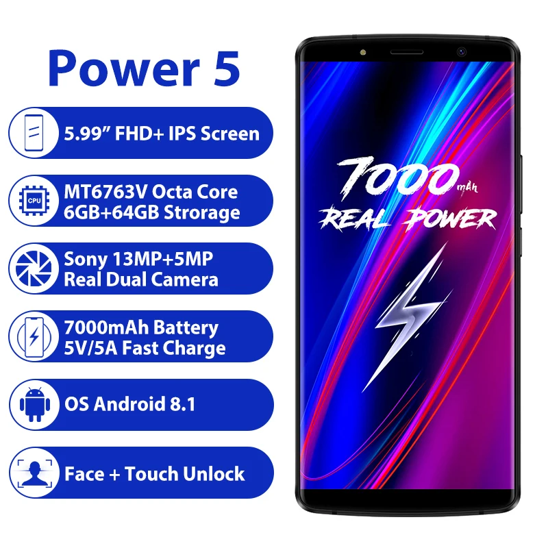 Смартфон LEAGOO POWER 5 99 дюйма FHD + 6 ГБ ОЗУ 64 Гб ПЗУ Android 8 1 Восьмиядерный процессор MT6763V