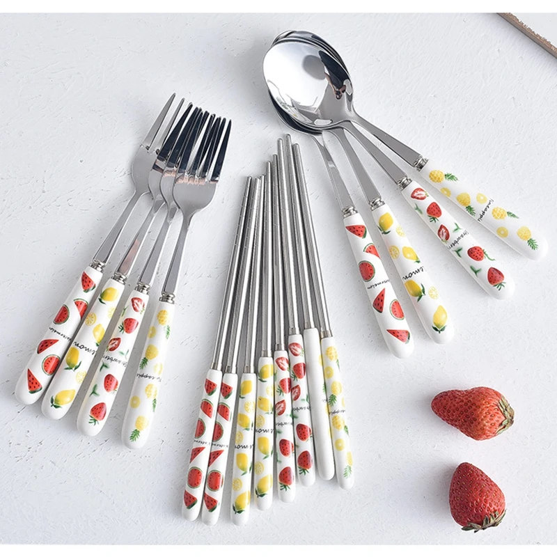 

3PCS/Set Chinese style Portable Stainless Steel Dinnerware Set fruit series Chopsticks Spoon Fork Tableware For kids Tableware