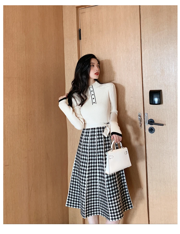 Elegant Splice Plaid With Belt Knitted Dress Women 2020 Spring Long Sleeve Casual Mid Dresses D9N710M | Женская одежда