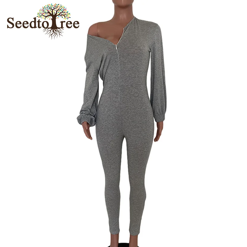 

Solid Long Sleeve Zipper Skew Neck Casual Rompers Womens Jumpsuit Slim Fit Autumn Cotton Overalls Jumpsuit Women
