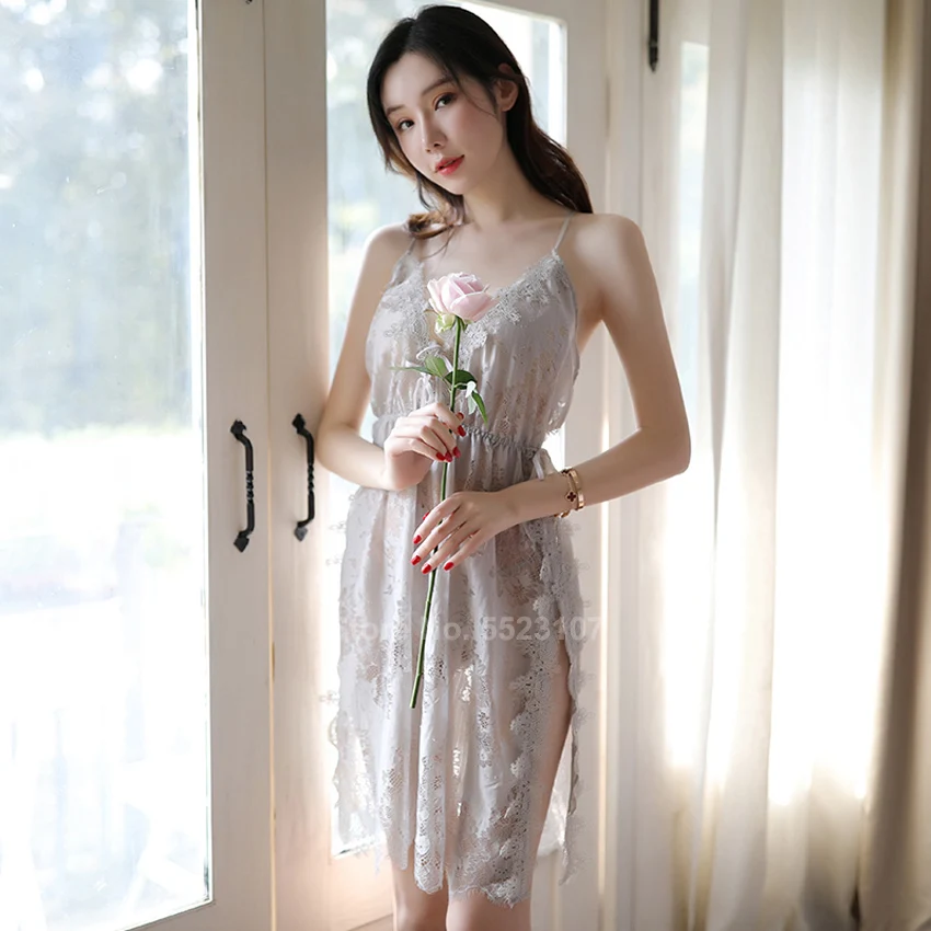 Женская сексуальная ночная рубашка без рукавов с подтяжками прозрачная Пижама