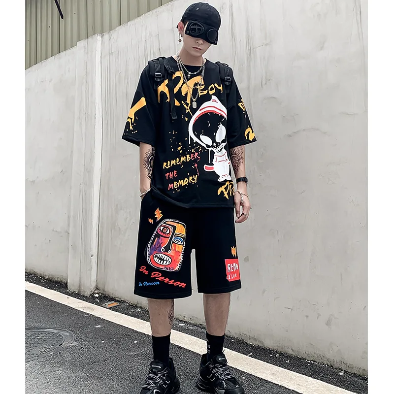 

men's cartoon printed t-shirt and shorts set men clothes