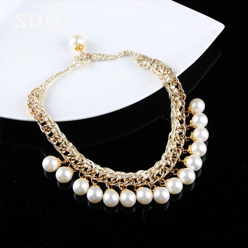 SUQI new Handmade imitation pearl Necklace Women Choker Dress Bride banquet gold Necklaces Pendants Femme Chain Collar jewelry | Украшения