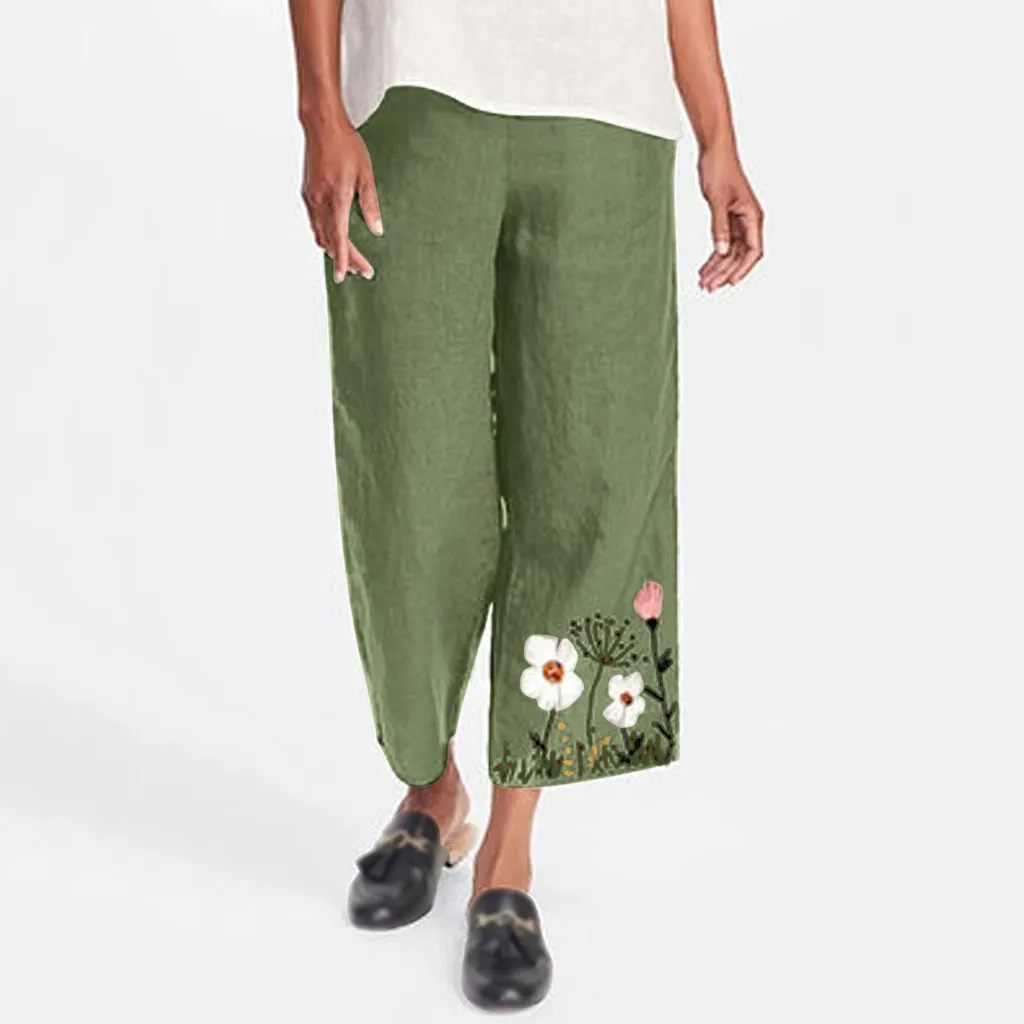 Женские джоггеры повседневные хлопковые льняные широкие брюки с вышивкой