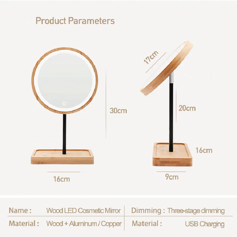 

Wooden Desktop LED Makeup Mirror USB Charging Adjustable Bright Diffused 360 Rotation Light Up Mirror