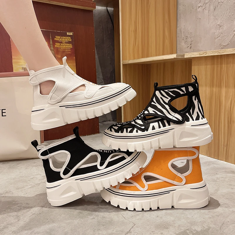 

Sandals Women New Summer Velcro Platform Thick Sole Increased Roman Sandals Female Hollow Breathable Casual Beach Shoes