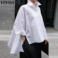 vonda womens shirts 2022 fashion solid color party tops tunics vintage lapel neck asymmetrical blouse casual blusas femininas