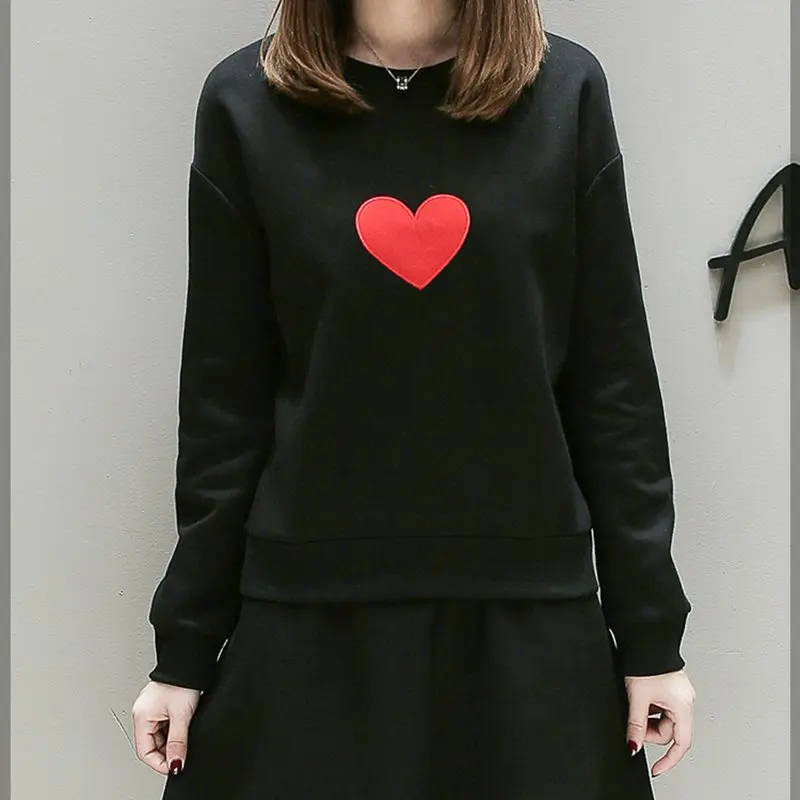 

Couple Heart Print Long Sleeve O Neck Plus Size Jumper Loose Casual Black Pullovers Sweatshirt Hot