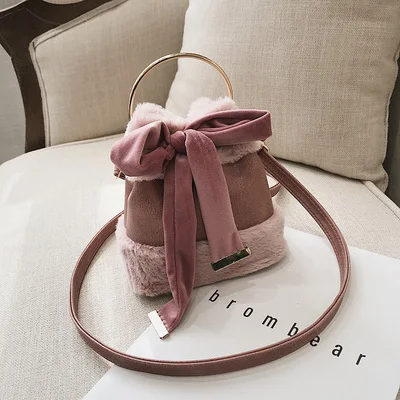 Модная сумка из ПУ плюша в стиле пэчворк, дизайнерская сумка с бантом, женские сумки, роскошная сумка через плечо из искусственного меха, женская сумка-тоут, зимняя сумка - Цвет: Розовый