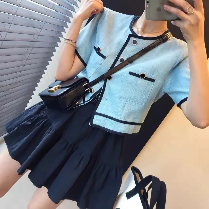 

COIGARSAM Shirt Womens tops Single Breasted Thin Women shirts Light Blue White Black 2537