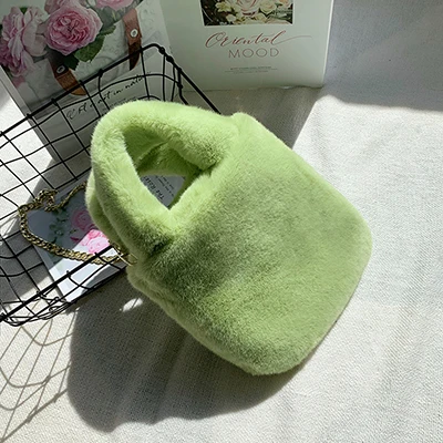 

Luxury Faux Fur Ladies Bucket Shoulder Bag Soft Plush Female Small Tote Purse Handbags Candy Color Women Chain Messenger Bags
