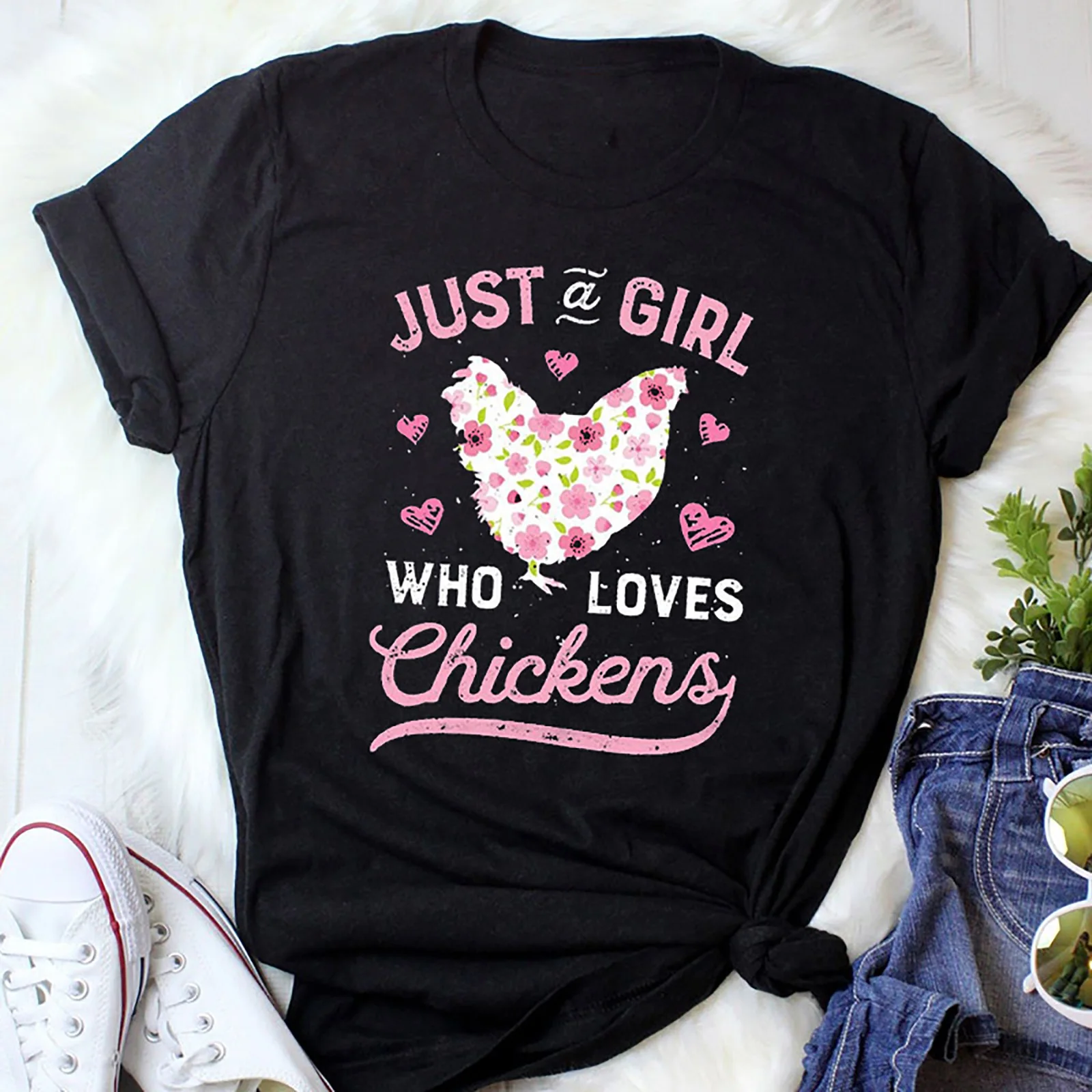 

Just A Girl Who Loves Chickens Print Women Funny T-shirts Harajuku Short Sleeve Summer Kawaii Fashion Tee Shirt Tops Streetwear
