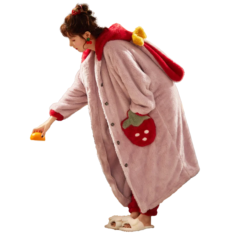 

Women Sleepwear Plus Size Medium Style Winter Pajamas Set Loose Version Keep Warm Intensification Pyjamas Plush Nightgown Hooded
