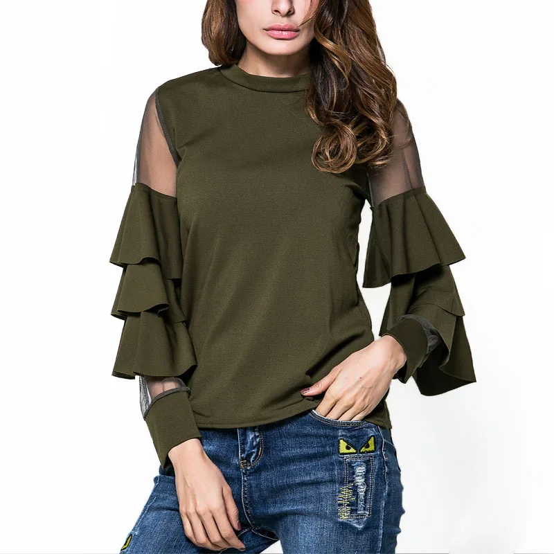 Женская хлопковая блузка с длинным рукавом милая многослойная сетчатая круглым