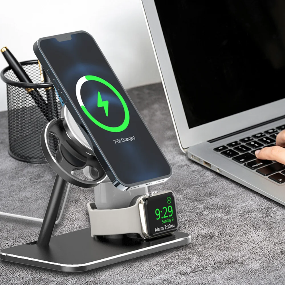 

3 In 1 Magsafe Phone Charger Holder Aluminium Alloy Bracket Rotation Magnetic Wireless Fast Charging Stand For IPhone 12 IWatch