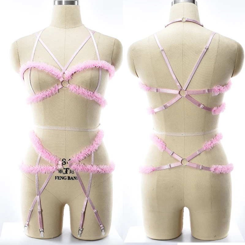 

Body Haeness Set Pink Lace Bra Hollow Sexy Women Cinta Liga Garter Belt Bondage Cage Dreamlike Wedding Lingerie
