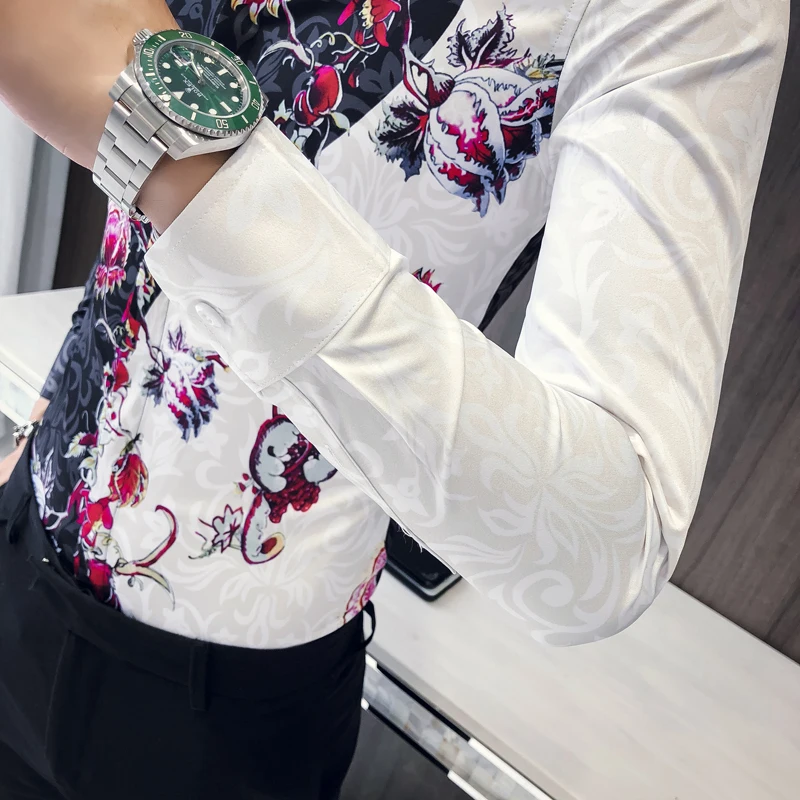 Рубашка с принтом роз весна 2020 мужская приталенная элегантная рубашка длинным