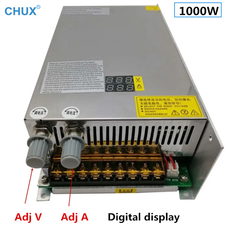 Регулируемый импульсный источник питания CHUX, 1000 Вт, 12 В, 24 В, 36 В, 48 В, 60 в, 80 в, 120 В, 220 В постоянного тока для светодиодов с цифровым дисплеем SMPS