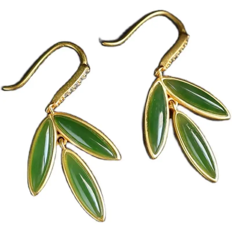 

Trimeresurus Wine Green Antique Earrings Women's Sterling Silver Leaves Vintage Earrings Chinese Style Classical Hetian Jade Gre