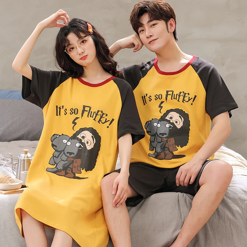 

Summer Short Sleeve Cotton Sleepwear Fashion Funny Anime Couple Pajamas Set Loose Casual Men T-Shirt Shorts Women Dress Homewear