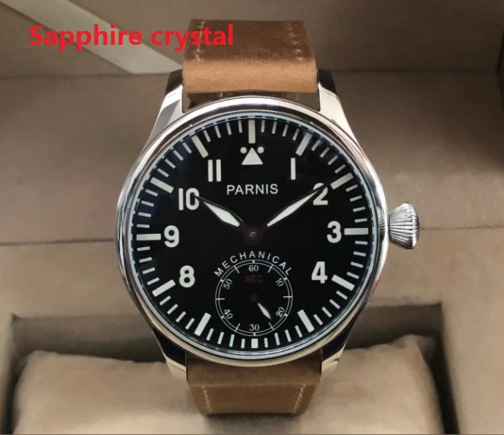 Sapphire crystal Сапфировое стекло или минеральное стекло 44 мм PARNIS черный циферблат 6498/3621 механический ручной Ветер движение светящиеся мужские часы pa150-p8 - Цвет: Sapphire crystal