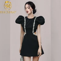new arrival 2021 summer hollow out waist french style vintage black puff sleeve mini dress sexy strapless diamond party dresses