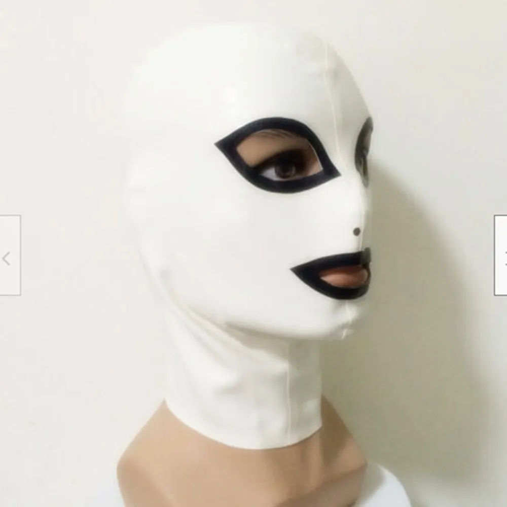 

White Latex Hood with Contrast Black Trims Gummy Rubber Mask for Party