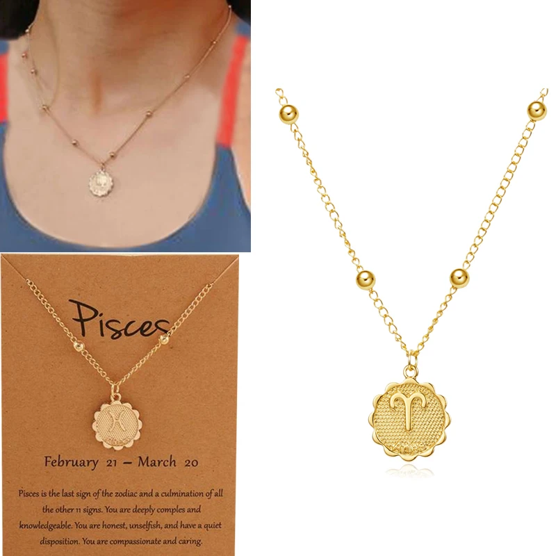 

Twelve Constellations Round Coin Pendant Clavicle Chain Necklace Statement Copper Leo Necklace Women Jewelry