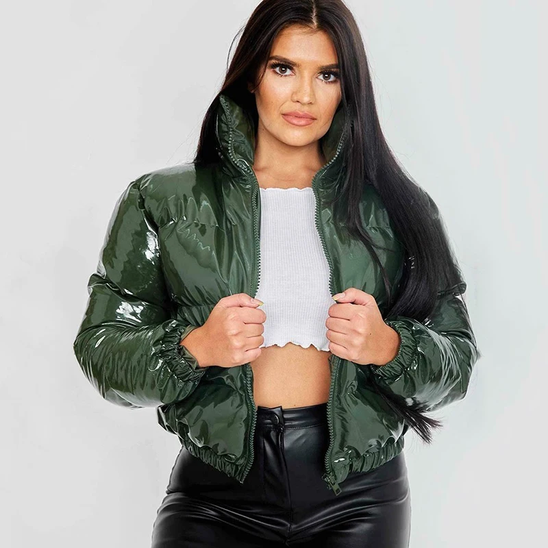 Fashion Cute Women Bright PU Pink Puffer Jacket Winter Warm Bubble Coats Shiny Leather Parkas Down Zipper Cropped Jackets Parkas