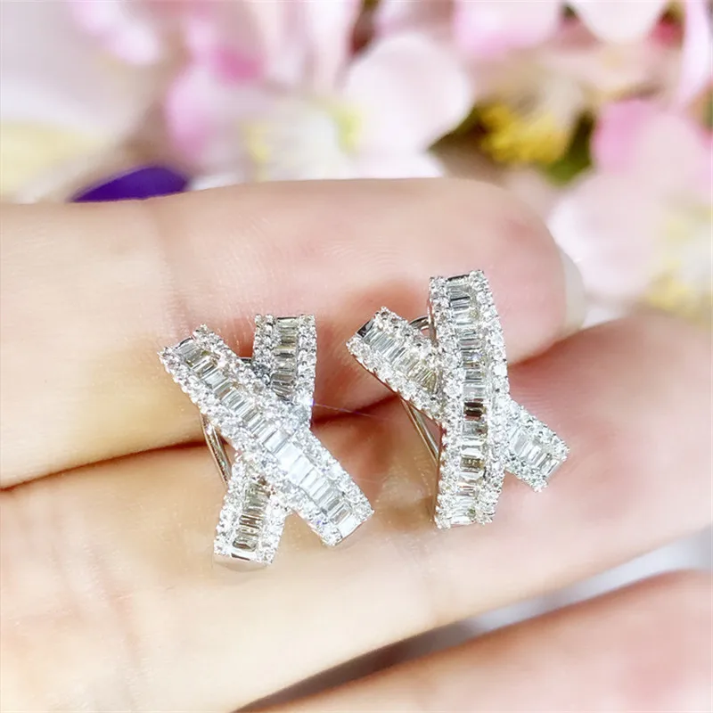 

X Cross 100% Real 925 sterling silver Earrring AAAAA Cz Luxury Engagement Wedding Stud Earrings for women Bridal Party Jewelry