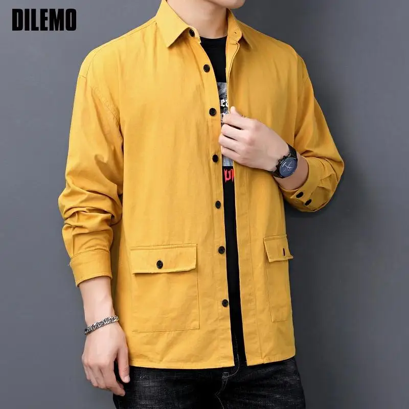 

100% Cotton Top Quality Fashion Brand Slim Fit 2 Pocket Cargo Shirt For Men Long Sleeve Streetwear Casual New Men's Clothing