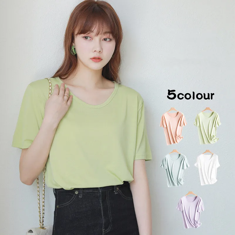 

Ice Silk T-shirt Women 's Cool Feeling 2021 Summer Korean Style Ins White Short Sleeve round Neck Loose Tops Base Shirt
