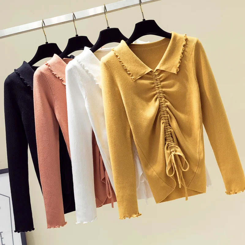 Женские свитера 2019 Зима Поло с длинным рукавом Pull Femme Однотонный пуловер Женская