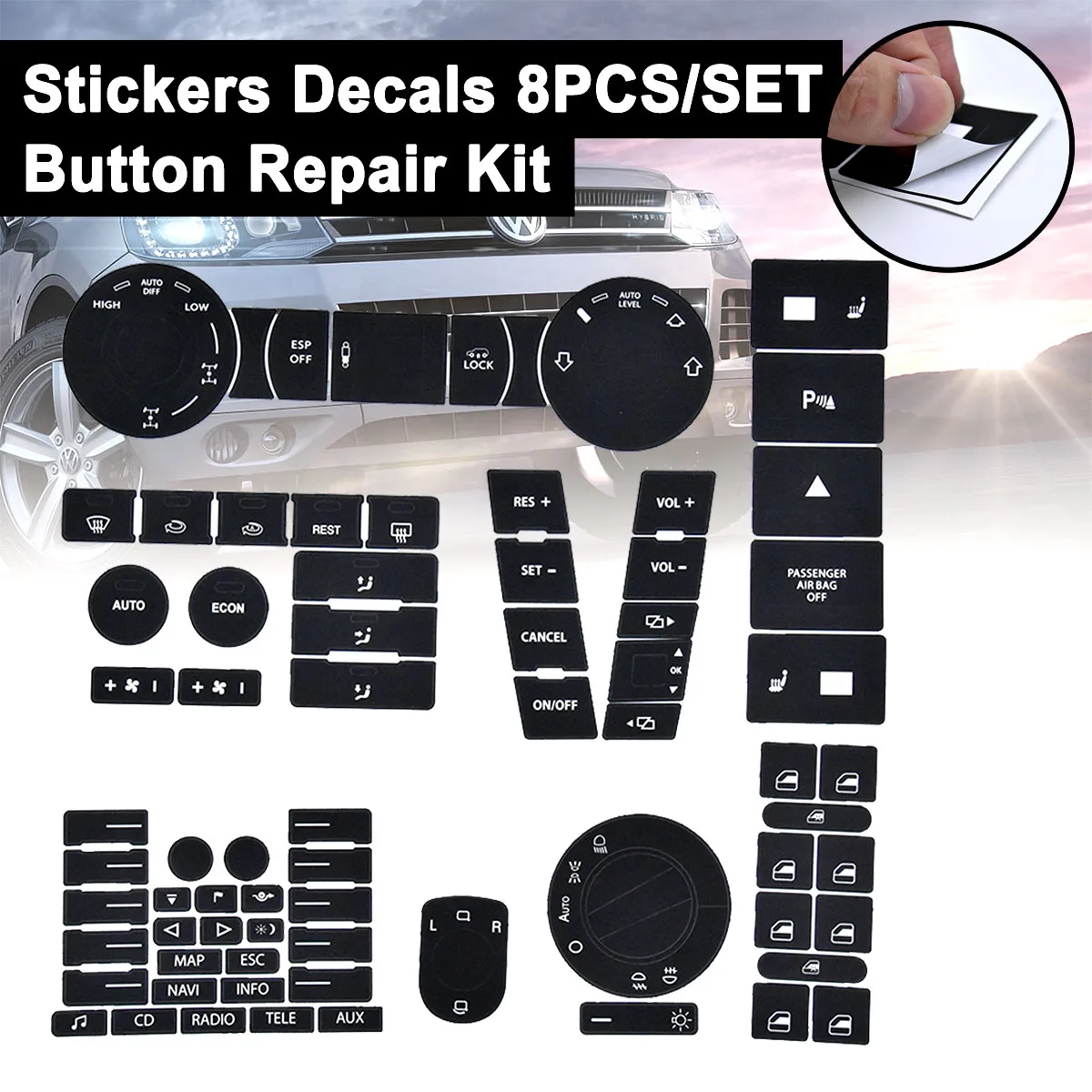 

8pcs Steering Wheel Windows Headlight Climate Switch Worn Button Repair Decals Car Stickers For Volkswagen Touareg 04-09 For VW