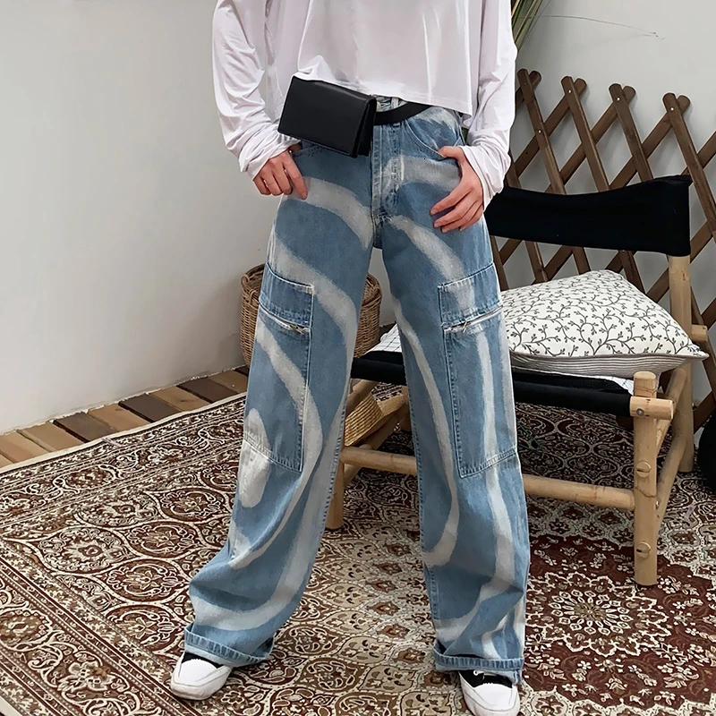 TWOTWINSTYLE, уличная одежда, полосатые джинсовые женские штаны, высокая талия, карман, широкие брюки, джинсы для женщин, осень, большой размер, модная новинка